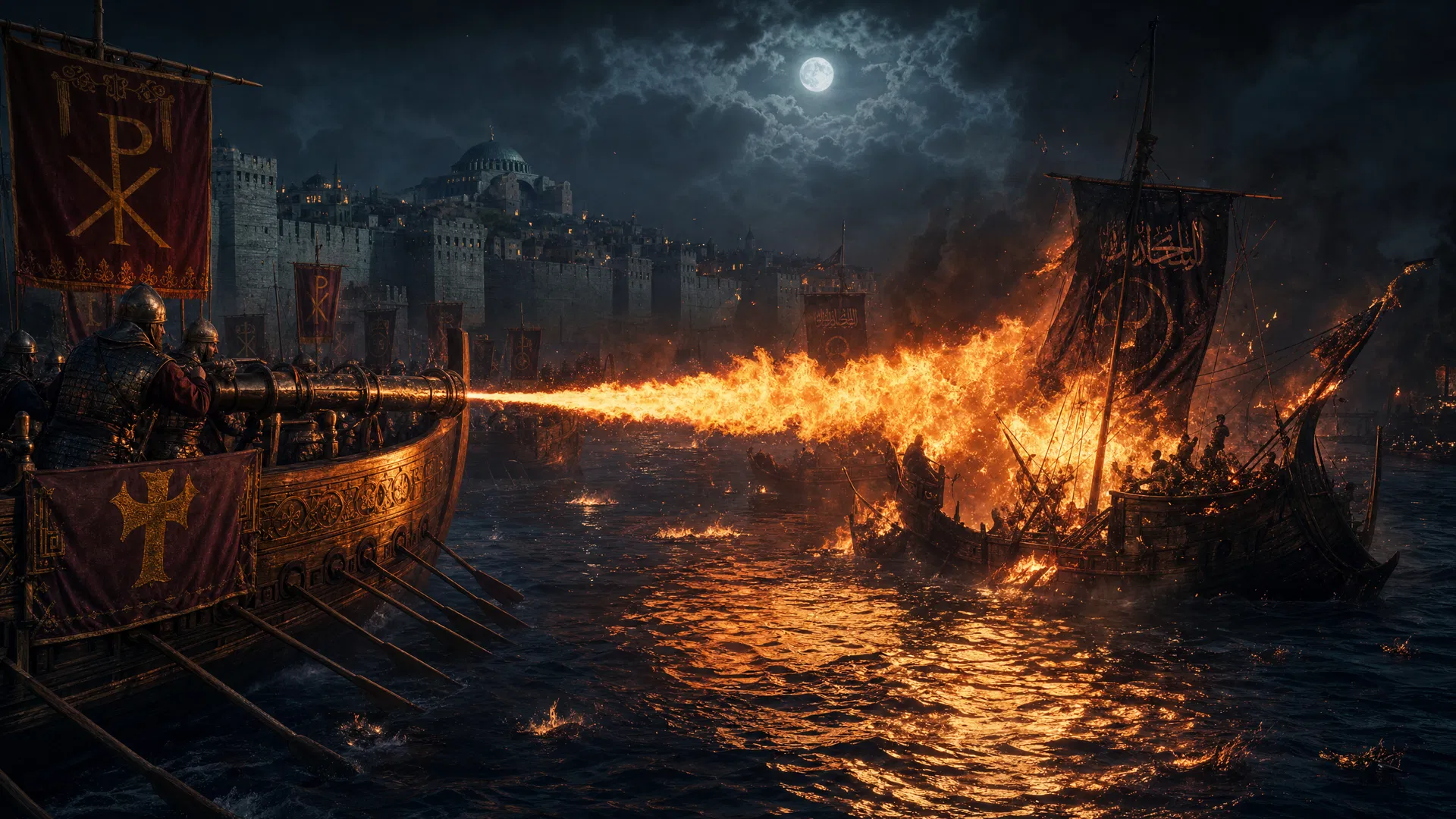 Byzantine Greek Fire deployed at the Siege of Constantinople