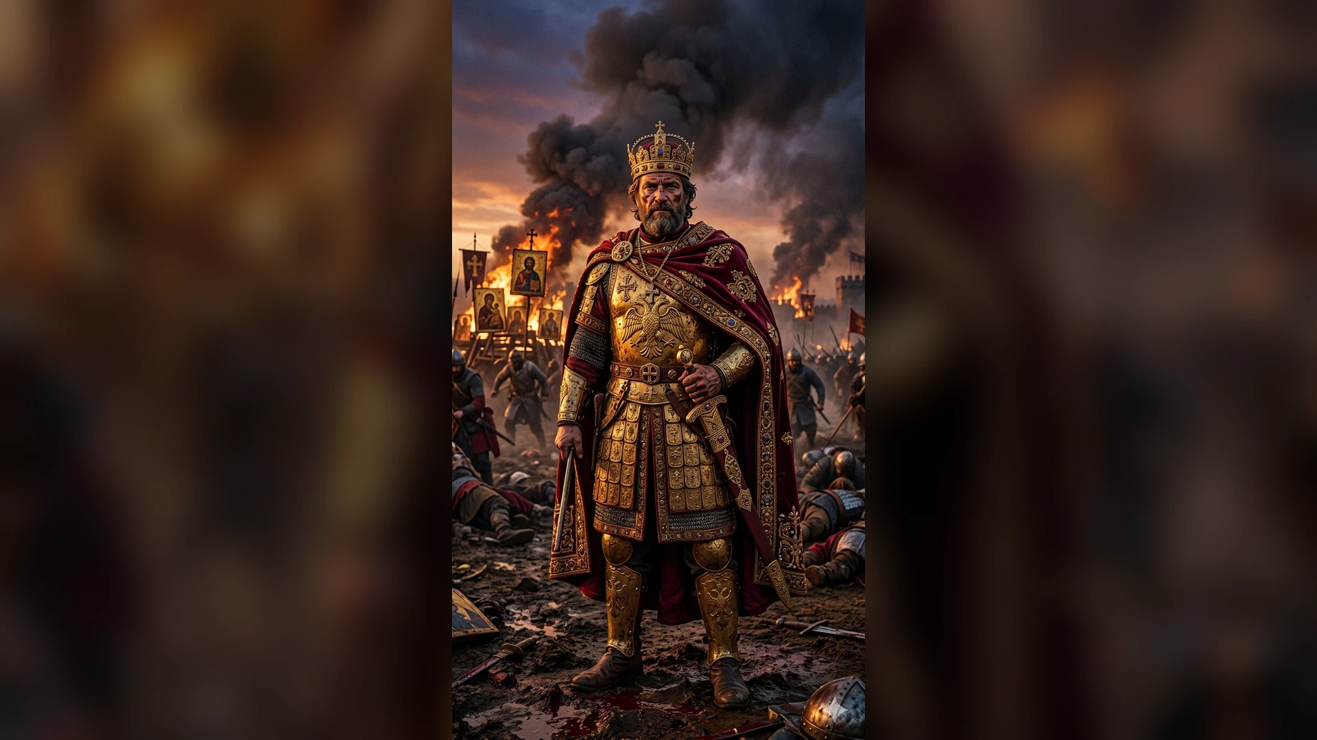 Constantine V victorious on the battlefield while icons burn behind him