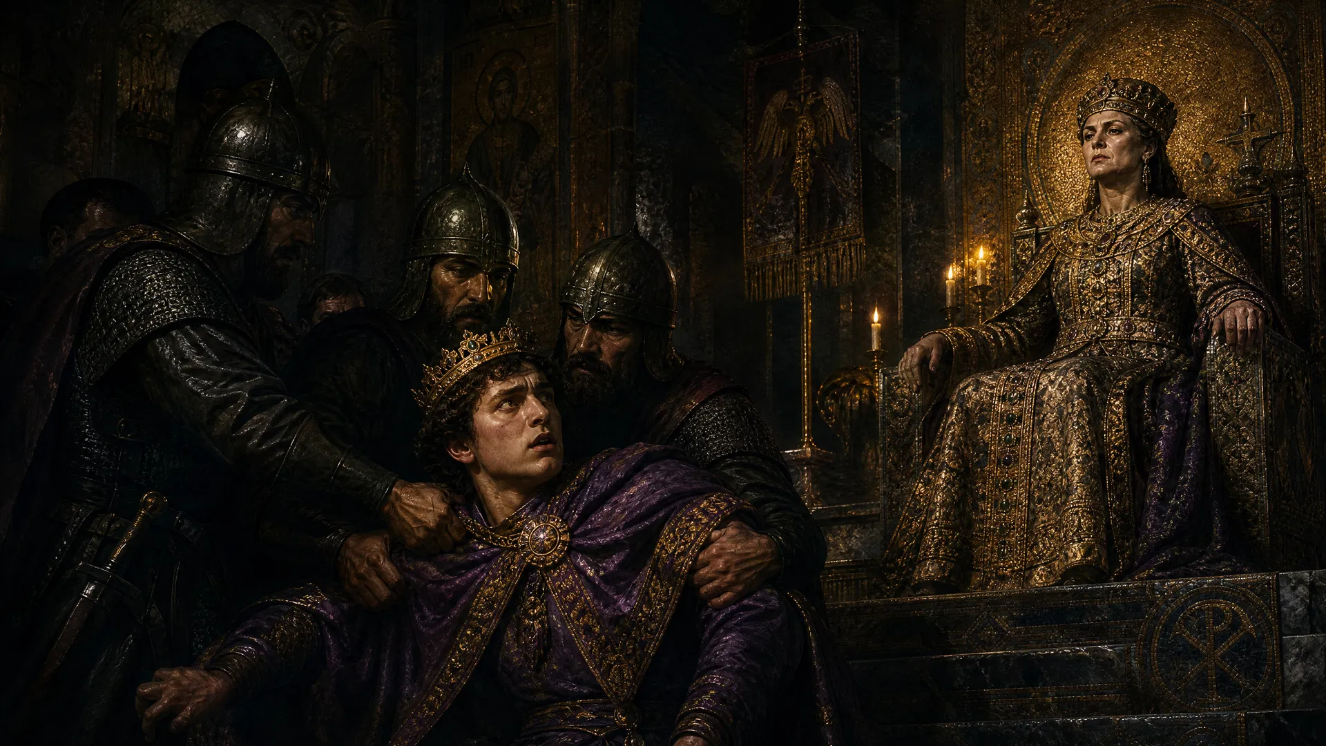 Constantine VI seized by guards as Empress Irene watches from the throne